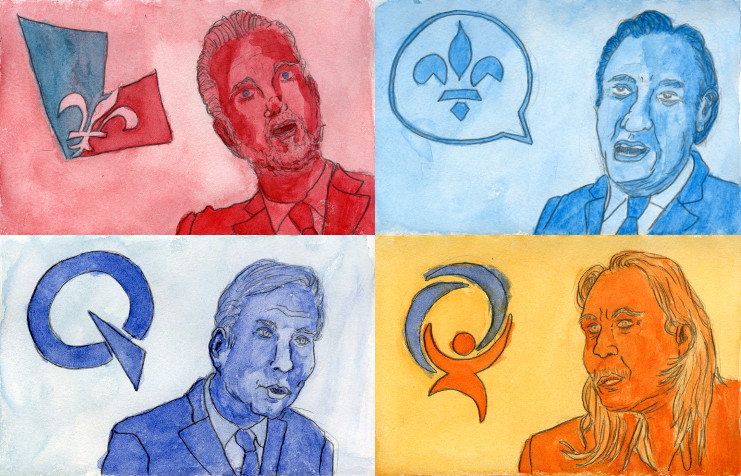 Portraits des quatre chefs de partis politiques du Québec en 2018: François Legault, Philippe Couillard, Manon Massé, Jean-François Lisée. Par Martin PM.