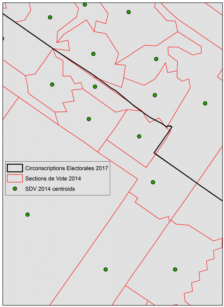 Carte de sections de vote de 2014 chevauchant deux circonscriptions de la carte de 2017 avec leur barycentres