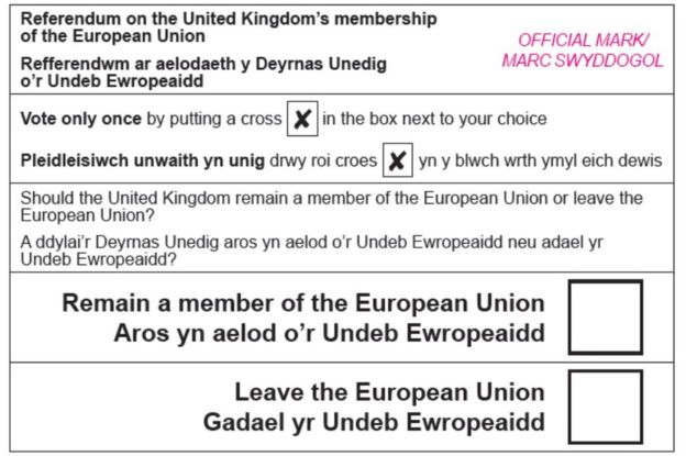 Bulletin de vote bilingue anglais—gallois pour le référendum de 2016