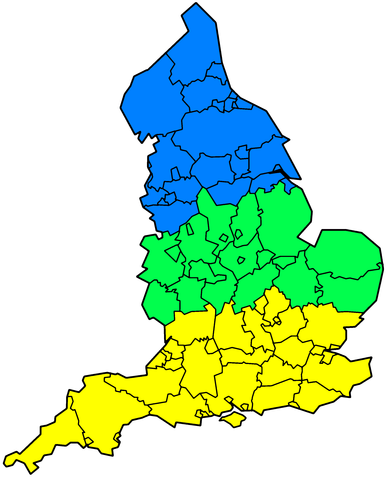 Subdivisions de l'Angleterre: Nord, Midlands et Sud