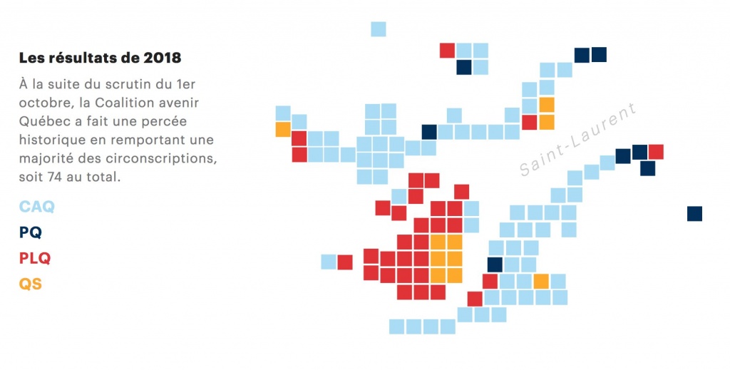Cartogramme des résultats de l'élection provinciale de 2018 dans Le Devoir
