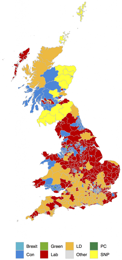 Parti qui arrivera deuxième dans chaque circonscription de la Grande-Bretagne selon la projection de YouGov