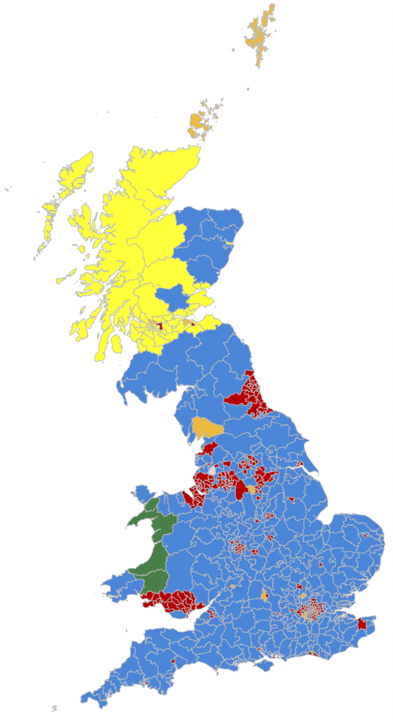 Parti qui gagnera dans chaque circonscription de la Grande-Bretagne selon la projection de YouGov