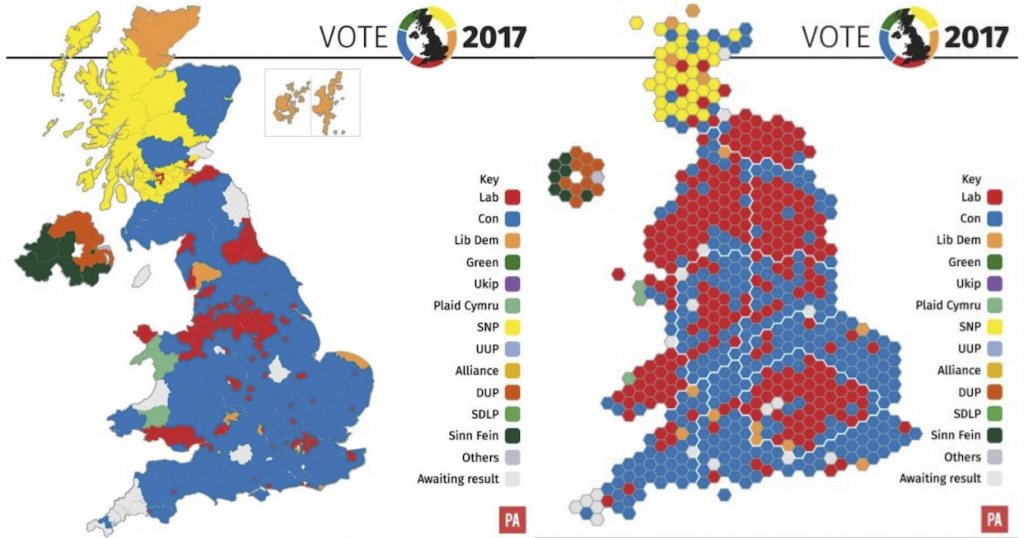 Carte et cartogramme des résultats des élections britanniques de 2017