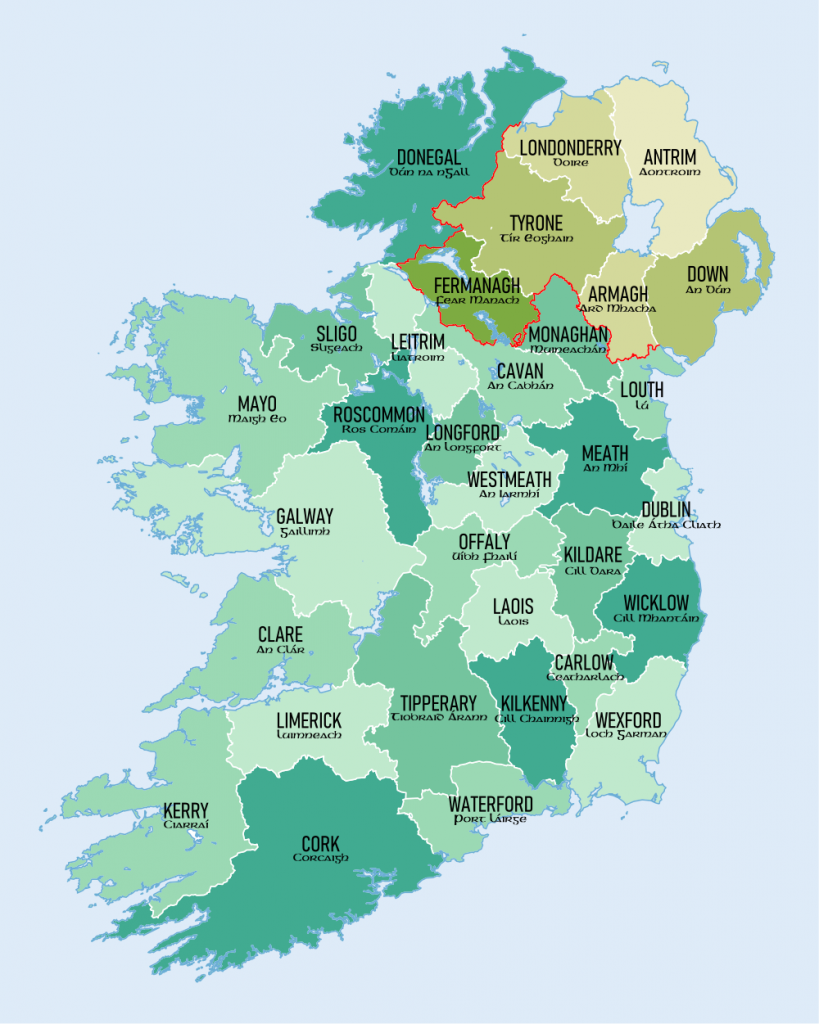Carte des 32 comtés traditionnels de l'île d'Irlande