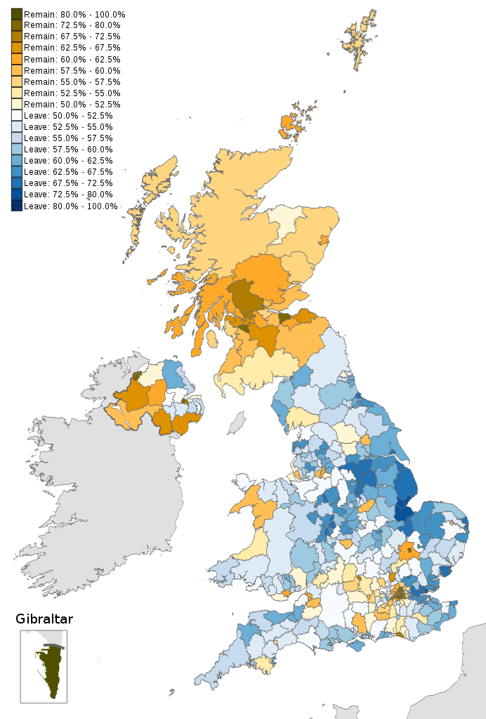 Carte des résultats du référendum de 2016 sur l'appartenance du Royaume-Uni à l'Union européenne