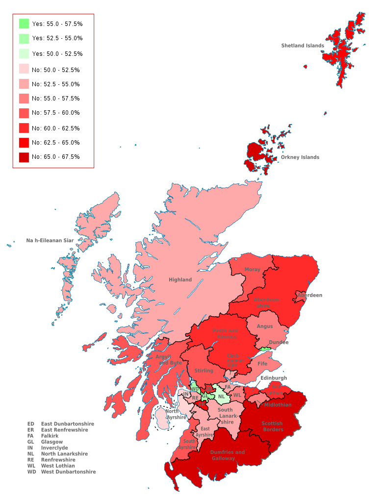 Carte des résultats du référendum de 2014 sur l'indépendance de l'Écosse