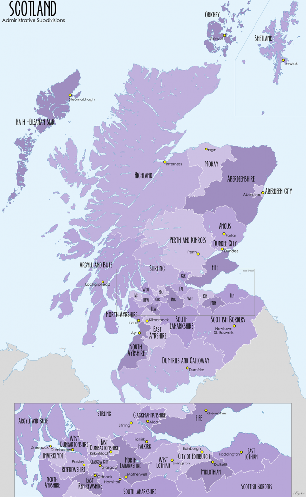 Carte des subdivisions administratives (council areas) de l'Écosse
