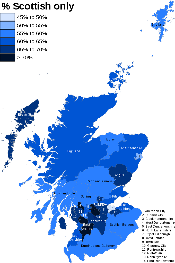 Carte de la proportion de personnes s'identifiant exclusivement comme écossaises dans chaque council area dans le recensement de 2011