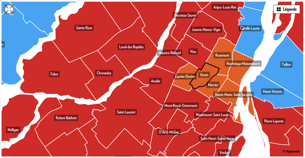 Carte des résultats électoraux pour l'élection générale provinciale du Québec le 5 octobre 2026, centrée sur l'île de Montréal